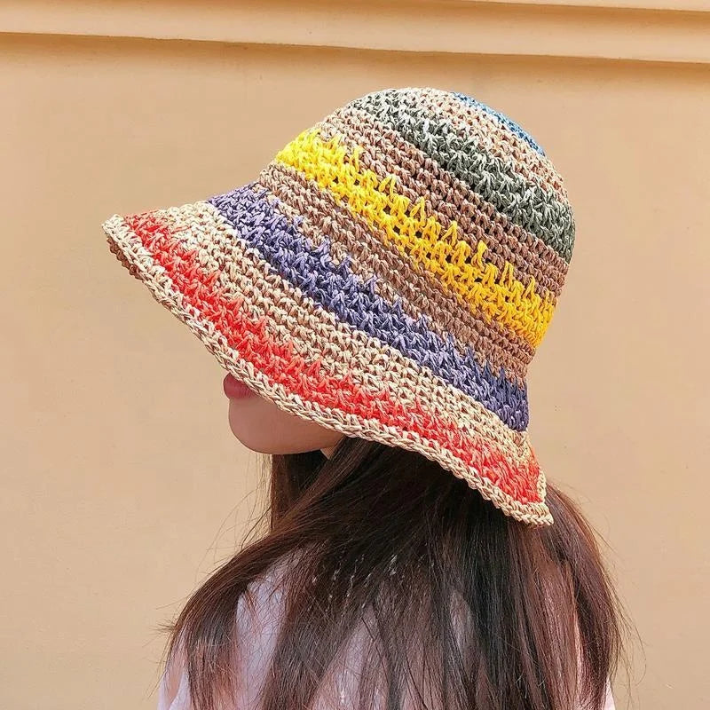 Korean Spring Summer Outdoor Sun Cap Colorful Handmade Crochet Bucket Visor Hat Folded Beach Sunscreen Straw Hats for Women