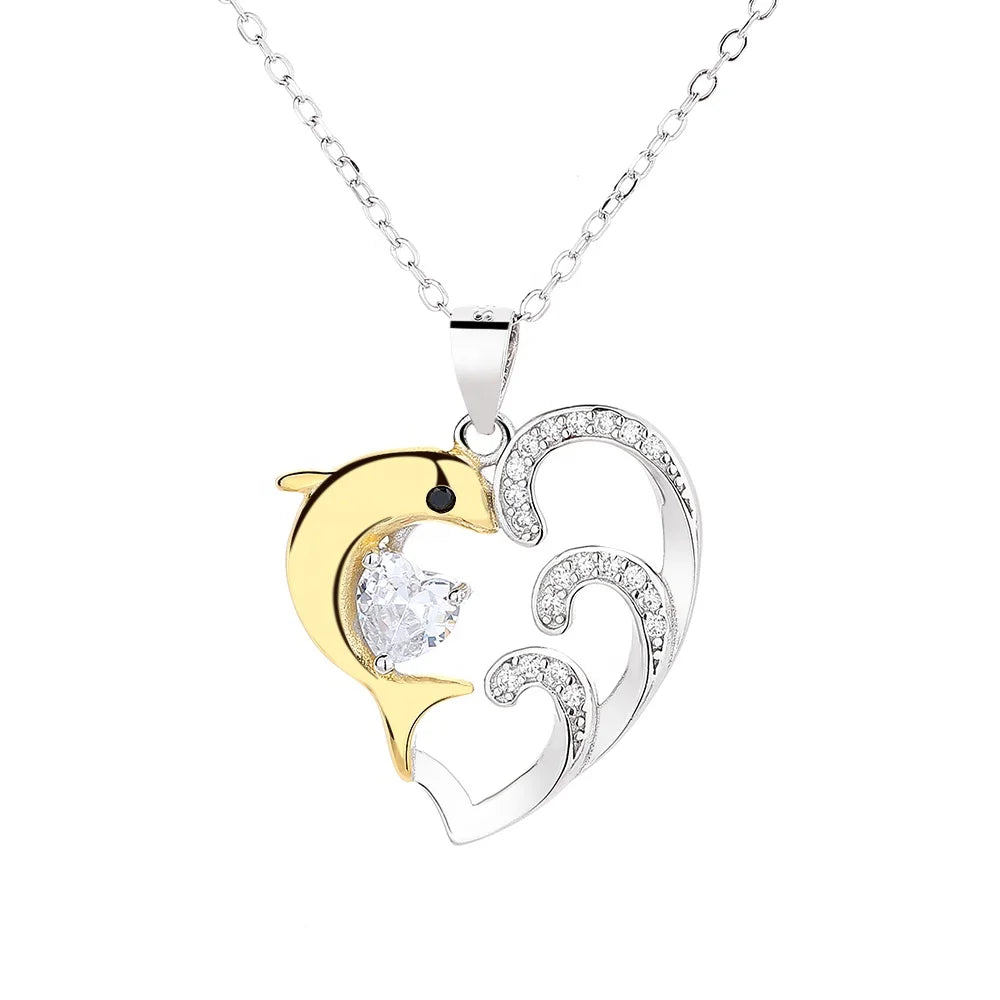 925 Silver Cute Wave Dolphin Animal Pendant Fish Necklace