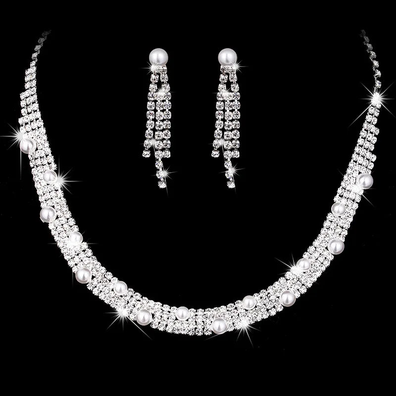 Bridal Set Jewelry Four Layer Water Diamond Claw Chain Pearl Necklace Earrings Wedding Accessories 489