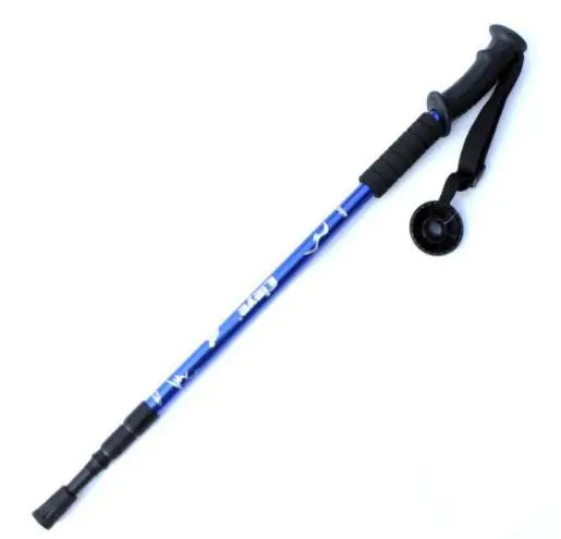 Blue Color Straight Handle Aluminum Alloy Three-section Shock-absorbingtrekking Pole Camping Walking Stick Hiking Supplies