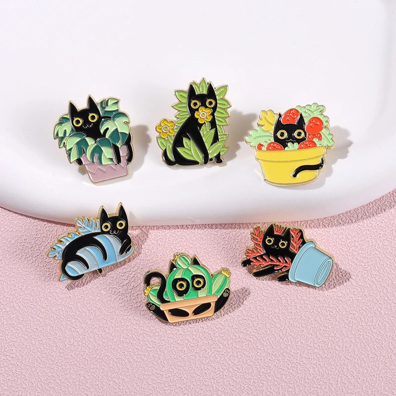 22 Styles Cats Brooch Custom Design Cute Funny Cats in the Plant Cartoon Metal Lapel Pin Badge