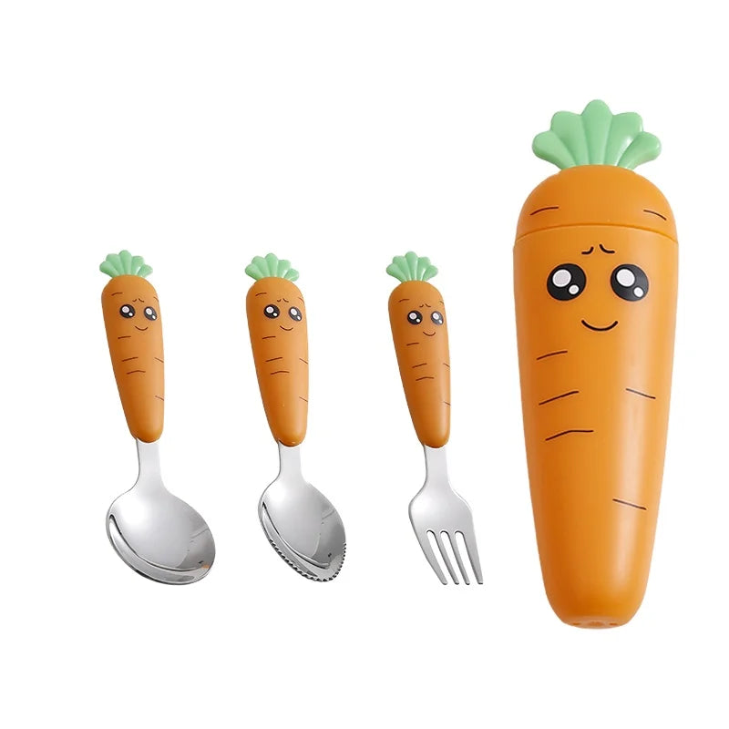 Cute Creative Radish Portable Kids Spoon and Fork Set Stainless Steel Children Cutlery Set with case