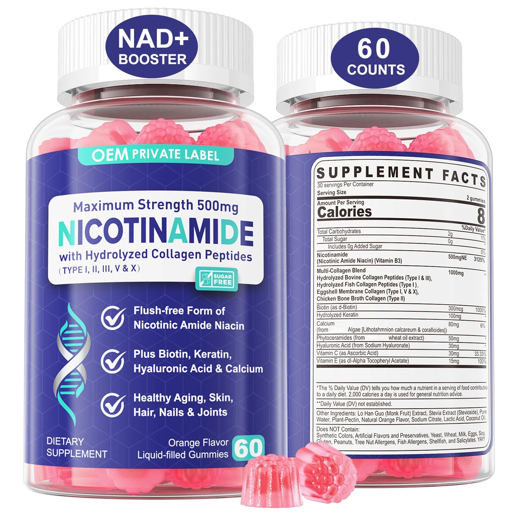 OEM NAD+ Nicotinamide 500mg Filled Gummies NAD+ Supplement NAD+ Boost Gummies with Vitamin B3 Niacinamide Collagen Peptides