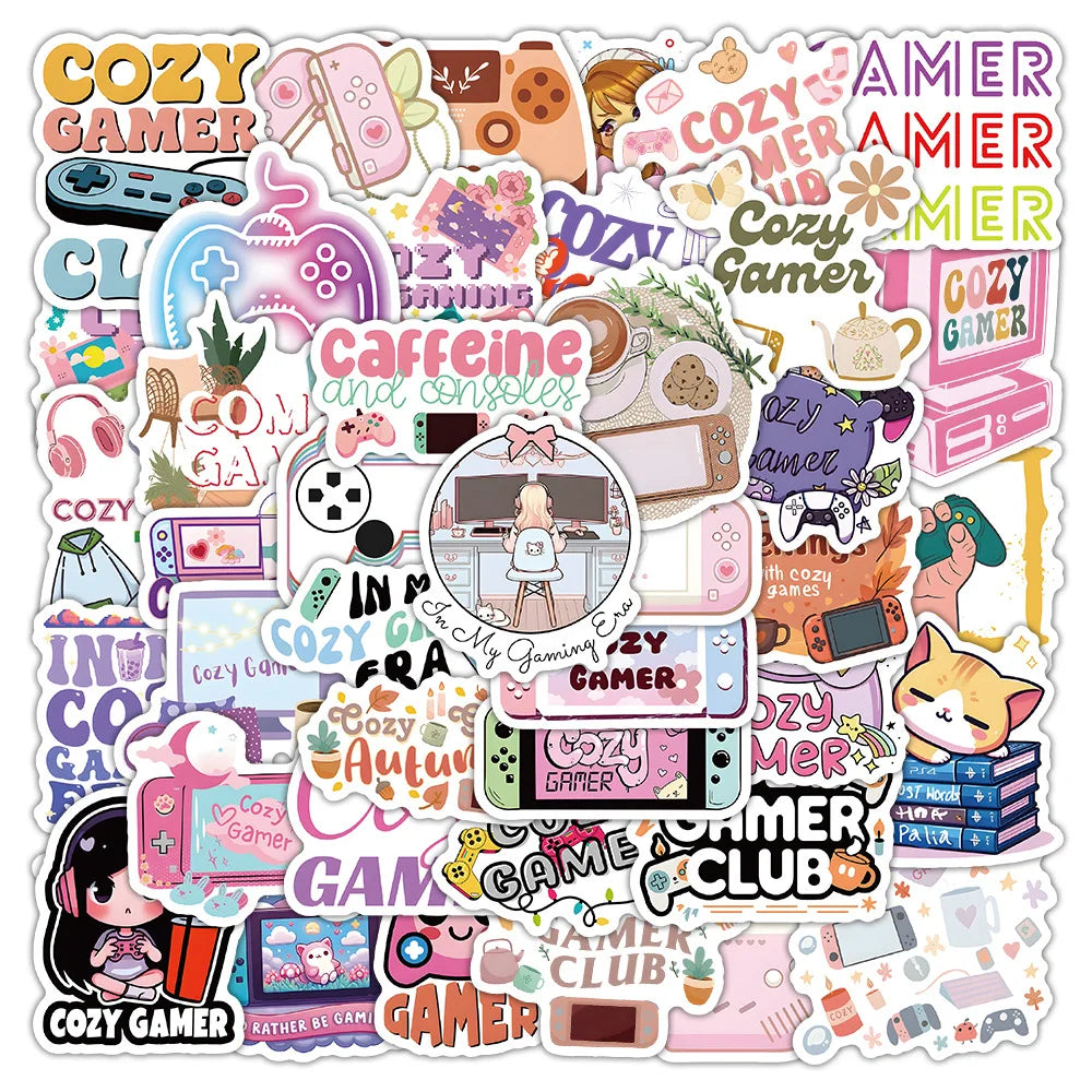 64Pcs Cozy Gamer Theme Fashion Graffiti Stickers for Game Console Pad Decor Gaming Console Sticker
