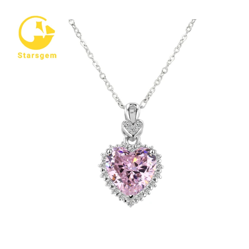 Starsgem Fine Moissanite Jewelry 1ct 2ct Heart  pink  Zirconia Gemstone Pendant 925 Silver Jewelry Gemstone Necklace for Women