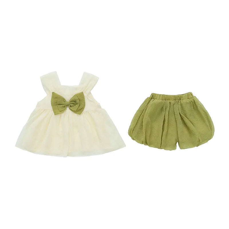 2025 Children's Summer Casual Shorts New Double-Layer Puffy Bow Suspenders Good Quality Two-Piece Suit with Printed Pattern
