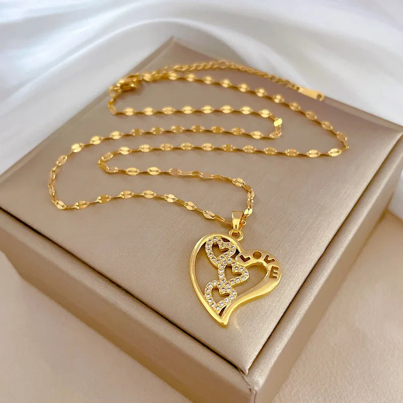 Shiny Multiple Love Heart Pendant Necklace Stainless Steel Chain Gold Plated Micro Pave Zircon Cz Multiple Love Heart Choker