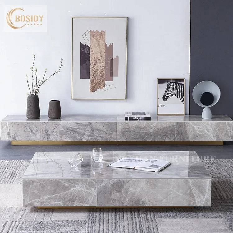 Luxury Modern TV Unit Cabinet for Living Room with Gold Stainless Steel and Sintered Stone