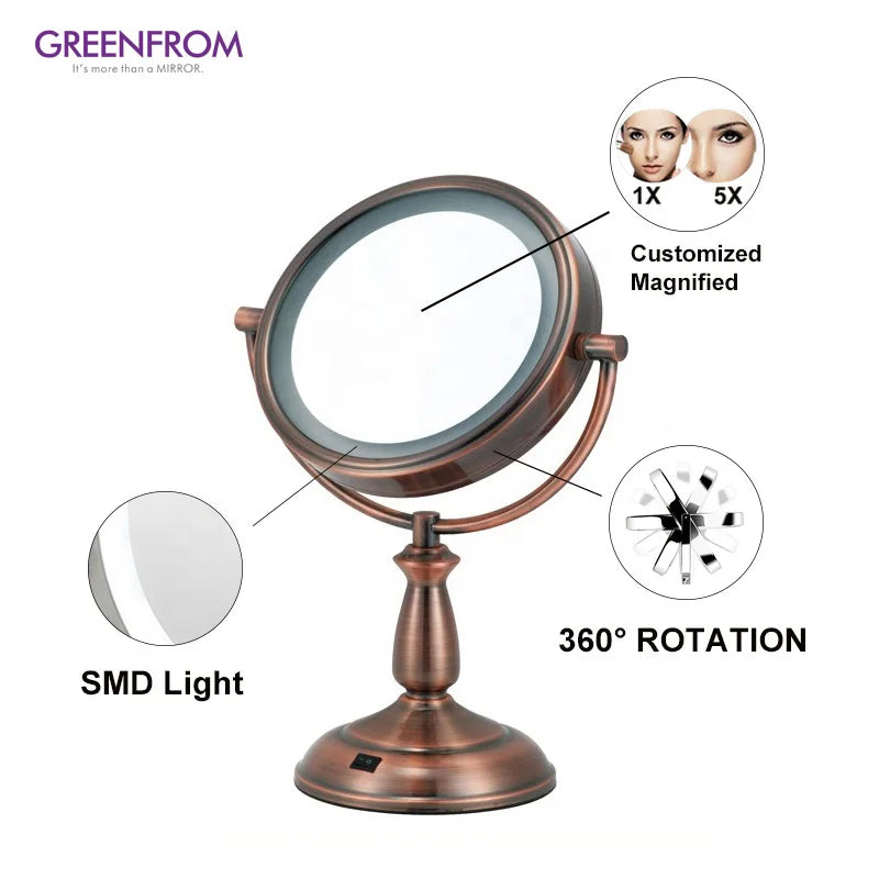 7 Inches Modern Custom Portable Magnifying Metal Tabletop Vanity Makeup Table Mirror 360 Rotate Touch Screen Vanity Mirror