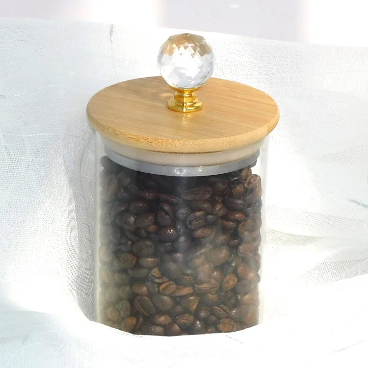 Crystal Bamboo Lid Glass Storage Spice Seasoning Salt Kitchen Jar