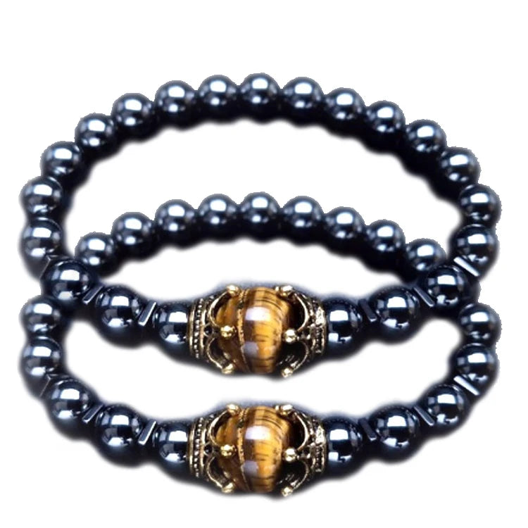 Wholesale Trendy Unisex Quartz Tiger Eye Crown Bracelet Fashionable Natural Crystal Healing Stone Elastic Ball Bohemian for Gift