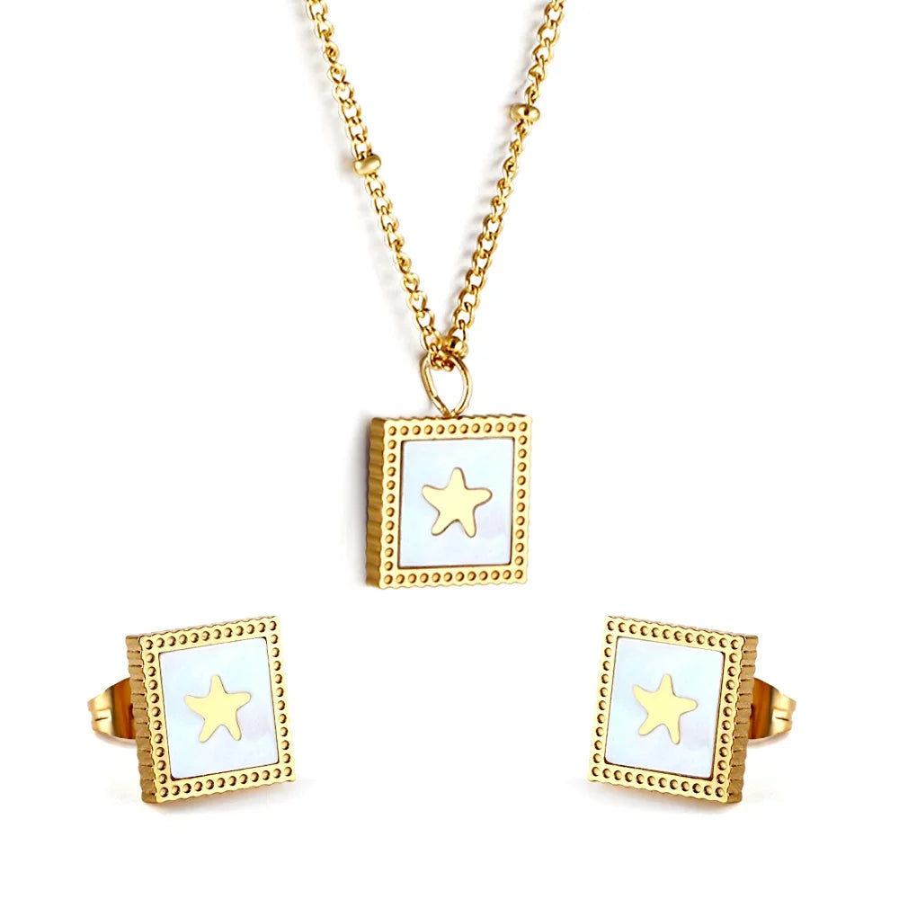 Fashion Necklace Set Custom Square White Shell Star Pendant Necklace Earring Set Vintage 18k Gold Plated Bridal Jewelry Set
