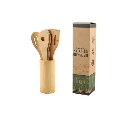 Wooden Spoons for Cooking 6 Piece Organic Bamboo Utensil Set With Holder