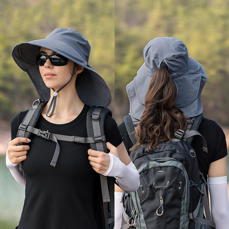 Outdoor Sunscreen Sun UV Protection Wide Brim Cap Fast Dry Hiking Fishing Neck Flap Fisherman Bucket Hat for Women