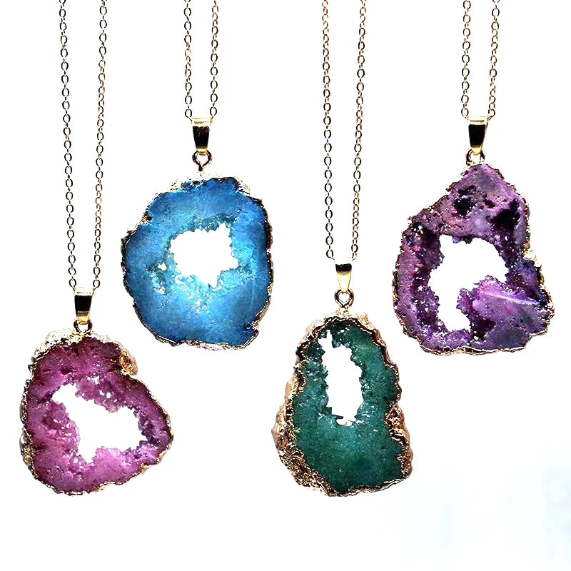 Natural Colors Stone Geode Druzy Agate Slices Pendants Necklace With Gold Chain  for Woman Jewelry