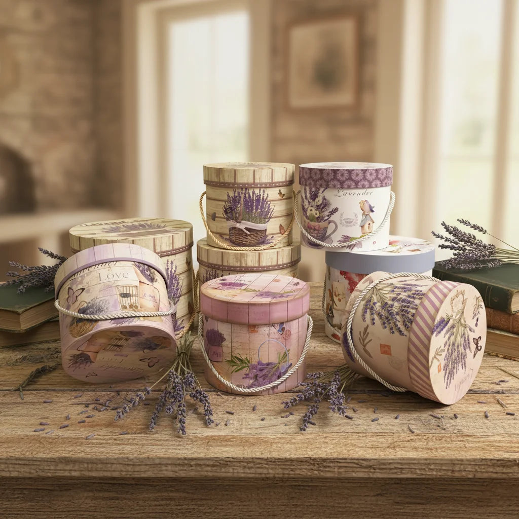 Portable Round Lavender Pattern Hug Bucket 3 Pcs Set Flower Box European Style with Lanyard Portable Gift Box Packaging Box