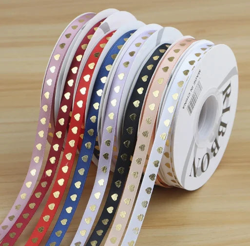 Wholesale Recycled Polyester Double Side Solid Gold Heart Foil Printed Grosgrain Gift Ribbon Roll