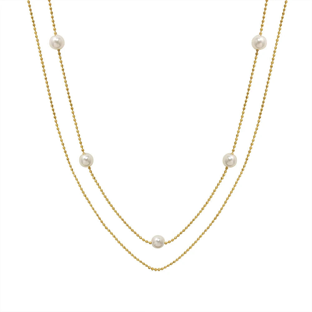 Retro Niche Simple Stainless Steel Plated 18 K Gold Jewelry Imitation Pearl Double Necklace Clavicle Chain Female Collar