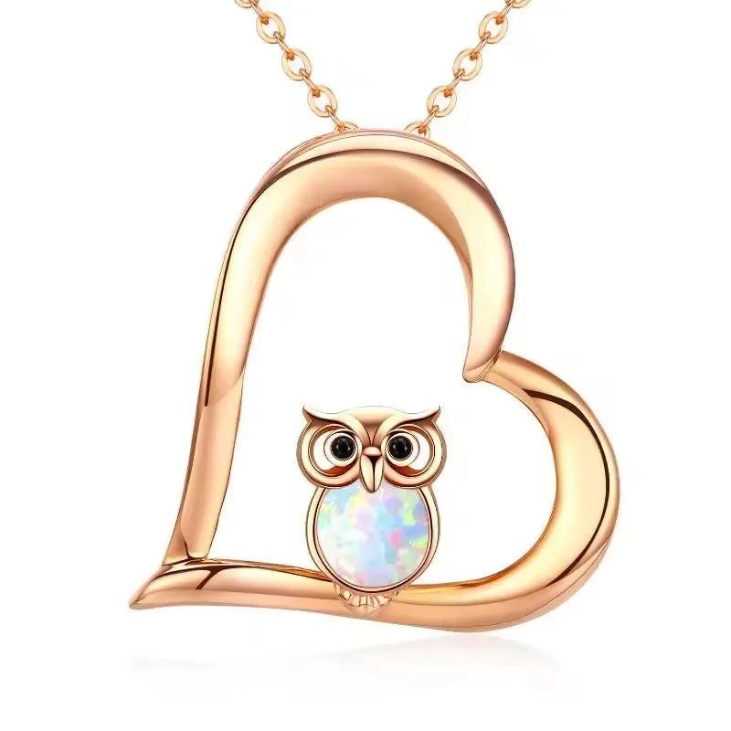 Animal Theme Jewelry 925 Sterling Silver Rose Gold Plated Cute Opal Owl Heart Pendant Necklace