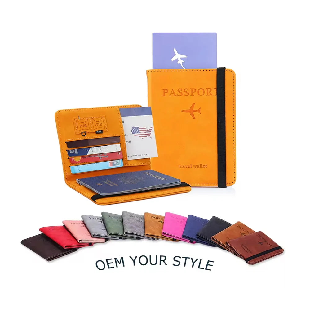 Men's Wallet PU Leather Passport Cover Custom Travel Wallet with Card Case Ticket Slot RFID Blocking Passport Holder for Men