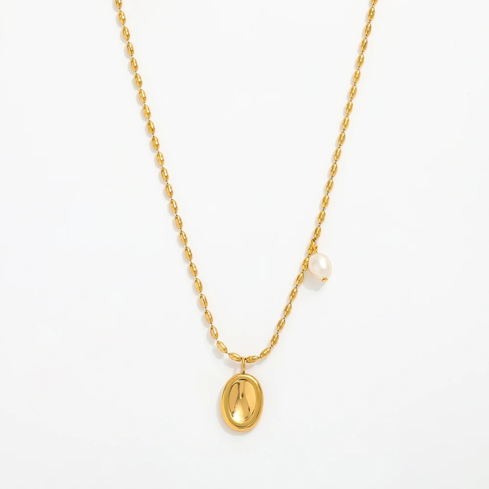Joolim Jewelry 18K Gold Plated Fresh Water Pearl & Oval Pendant Beads String Necklace Stainless Steel Jewelry Wholesale