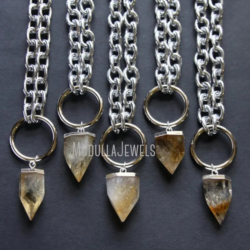 NM43758 Chunky Silver Dipped Citrine Icicle Necklace Statement Crystal Large Chain With Raw Orange White Gem Stone Point