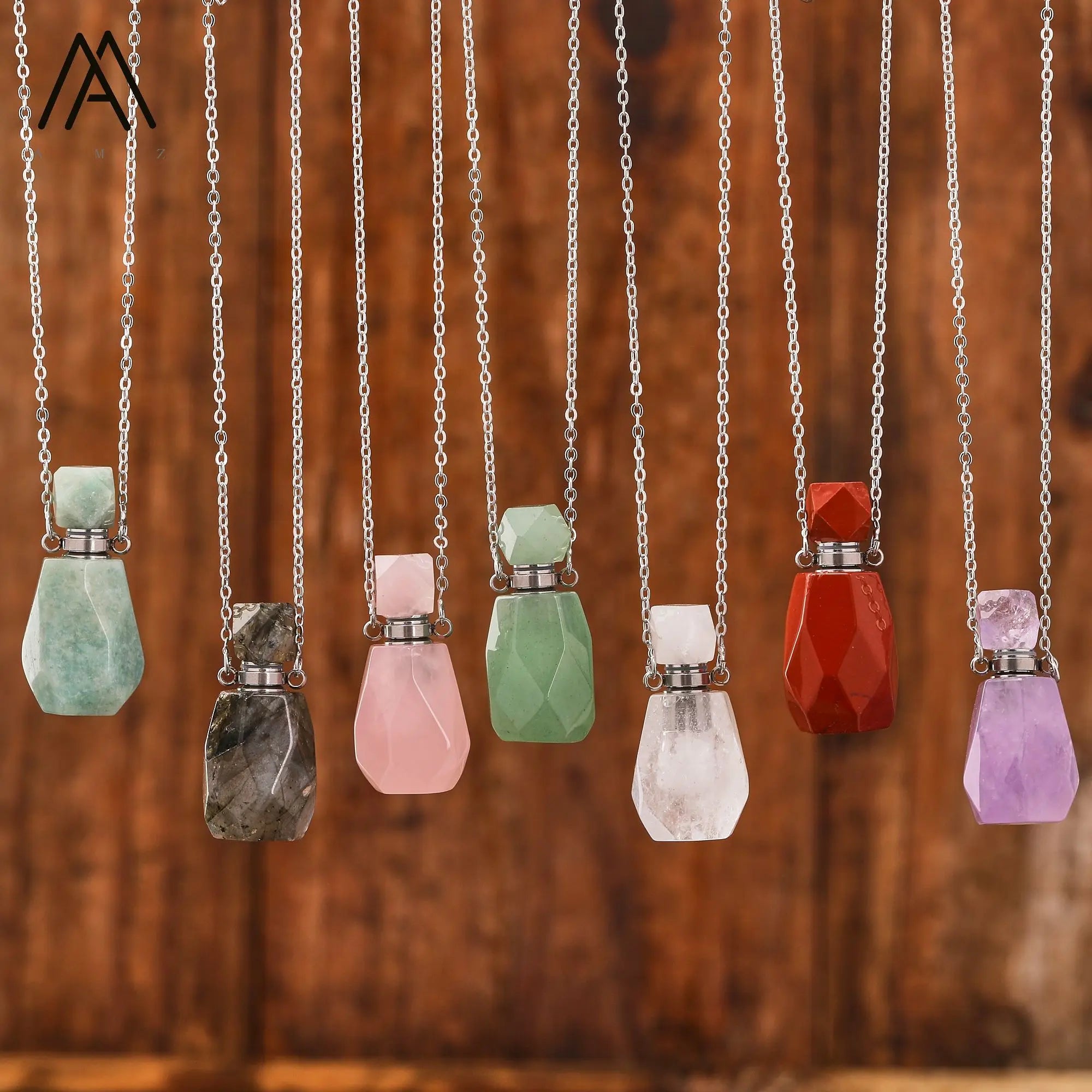 Boho Crystal Perfume Bottle Pendant Necklace Silver Chain Healing Gemstones Essential Oil Vial Necklace for Women Gifts