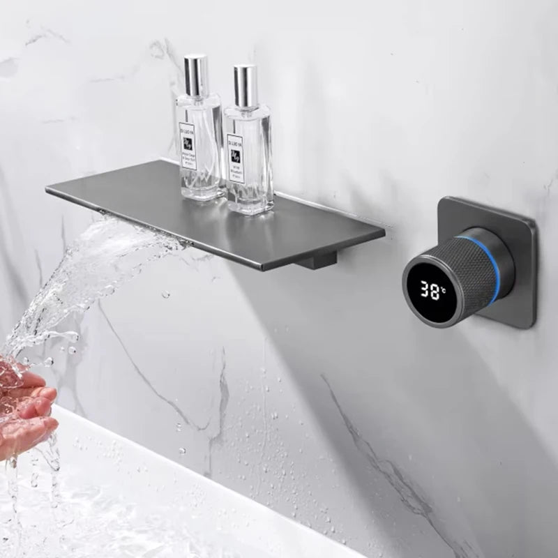 Contemporary Square Brass Wall-Mounted Single Handle LED Thermostatic Digital Display Waterfall Extension Face Basin Mixer MegaBDM