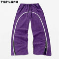 Custom Streetwear Causal Cotton Oversize Baggy Jogging Wide Leg Stacked Side Striped Sweatpants Purple Men's Pants