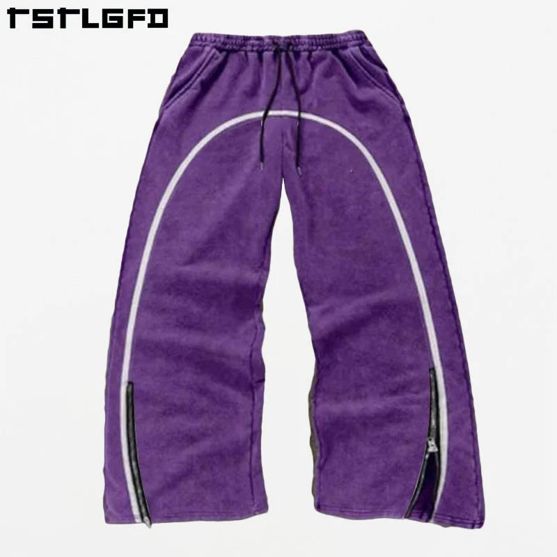 Custom Streetwear Causal Cotton Oversize Baggy Jogging Wide Leg Stacked Side Striped Sweatpants Purple Men's Pants