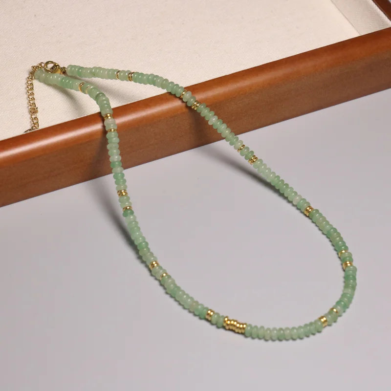 Boho Natural Green Aventurine Beaded Stone Necklace for Women 14K Gold Plated Choker Healing Energy Crystal Stone Necklace