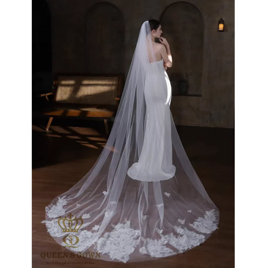QUEENSGOWN Beautiful Long Train Ivory Bridal Veils With Sequins Wedding Dress Flower Pattern Accessories