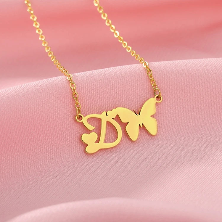 Personality Lady Choker Women Jewelry Gold Stainless Steel Heart Butterfly Initial Pendant Necklace MegaBDM