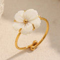 Exquisite Niche Elegant 18K Gold Plated Waterproof White Shell Flower Stainless Steel Thin Open Ring
