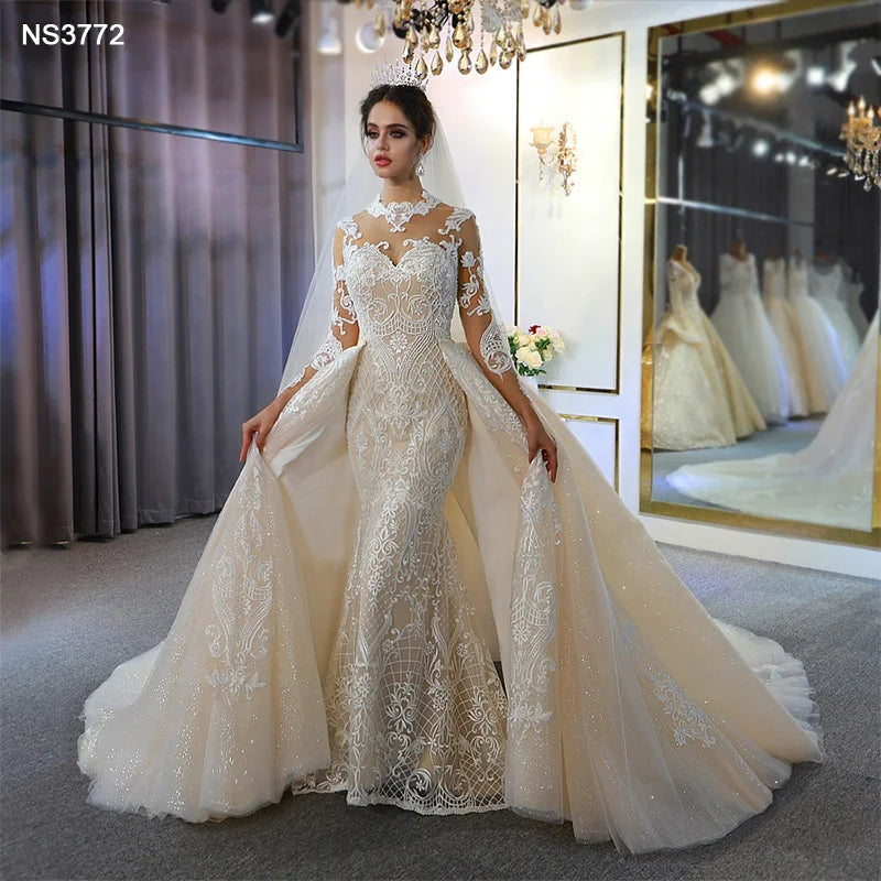 Jancember NS3772 Glitter Lace Champagne Party Illusion Embroidered Mermaid Wedding Dress