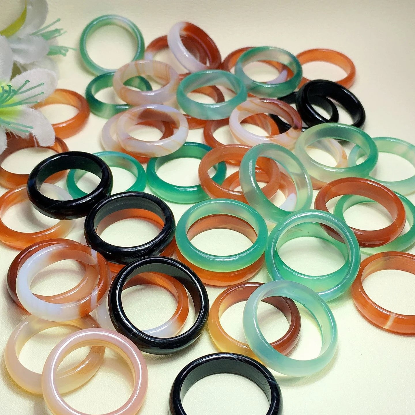 Mixed Size Natural Gemstone Jewellery Agate Gemstone Ring for Women Men Band Colorful Chalcedony Jade Ring