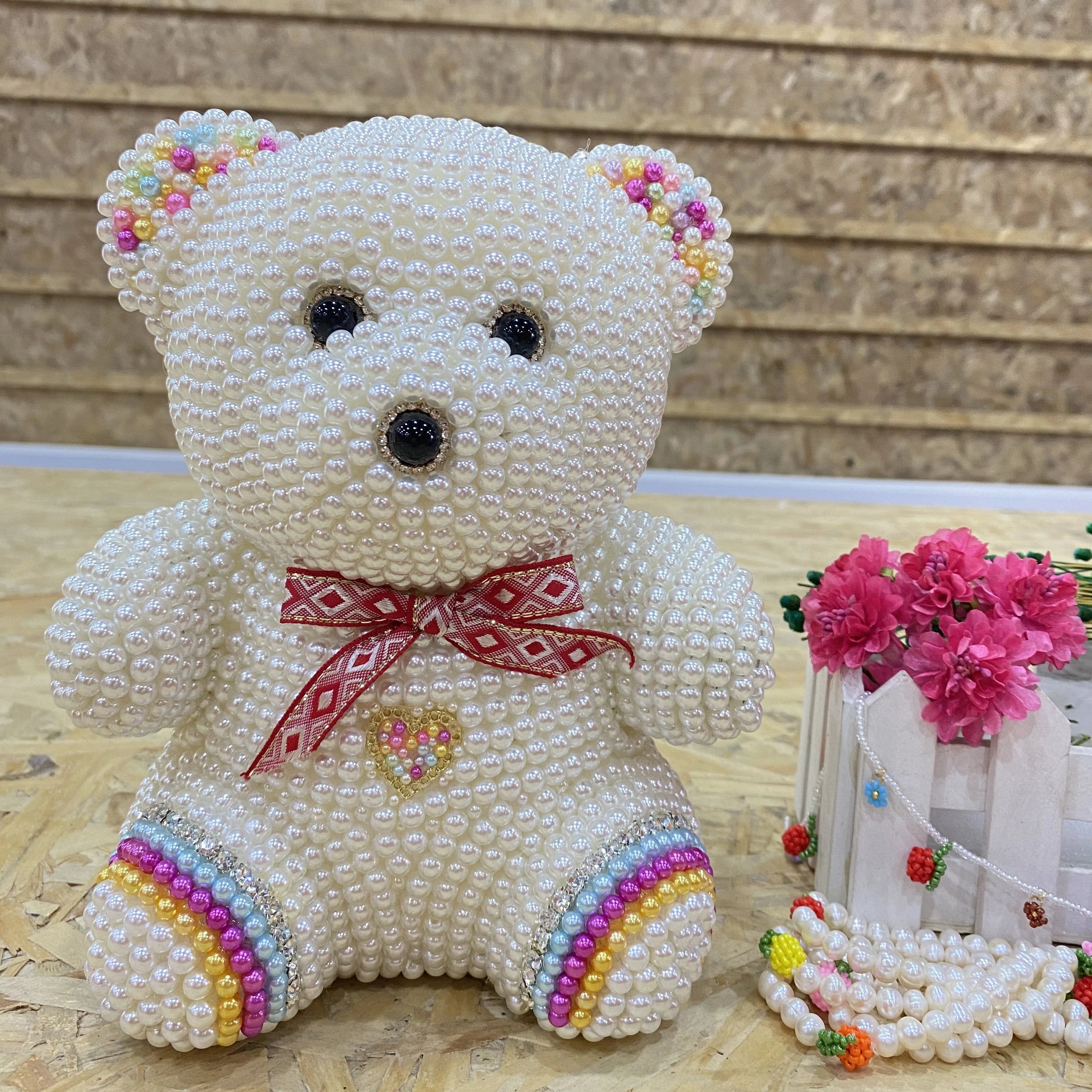 Droppshipping Creative Personality Valentine's Day Gift Rhinestone Paved Colorful Handmade Foam Bowknot Pearl Teddy Bear