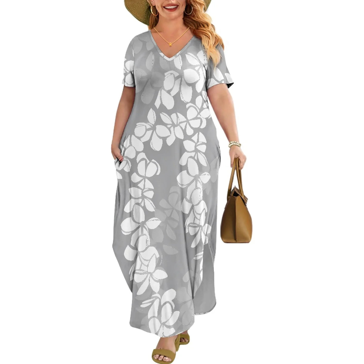High Quality Gray Floral Design Women's Short Sleeve Maxi Dress Casual Long T-Shirt Travel Vacation Outfits Sweet Natural MegaBDM