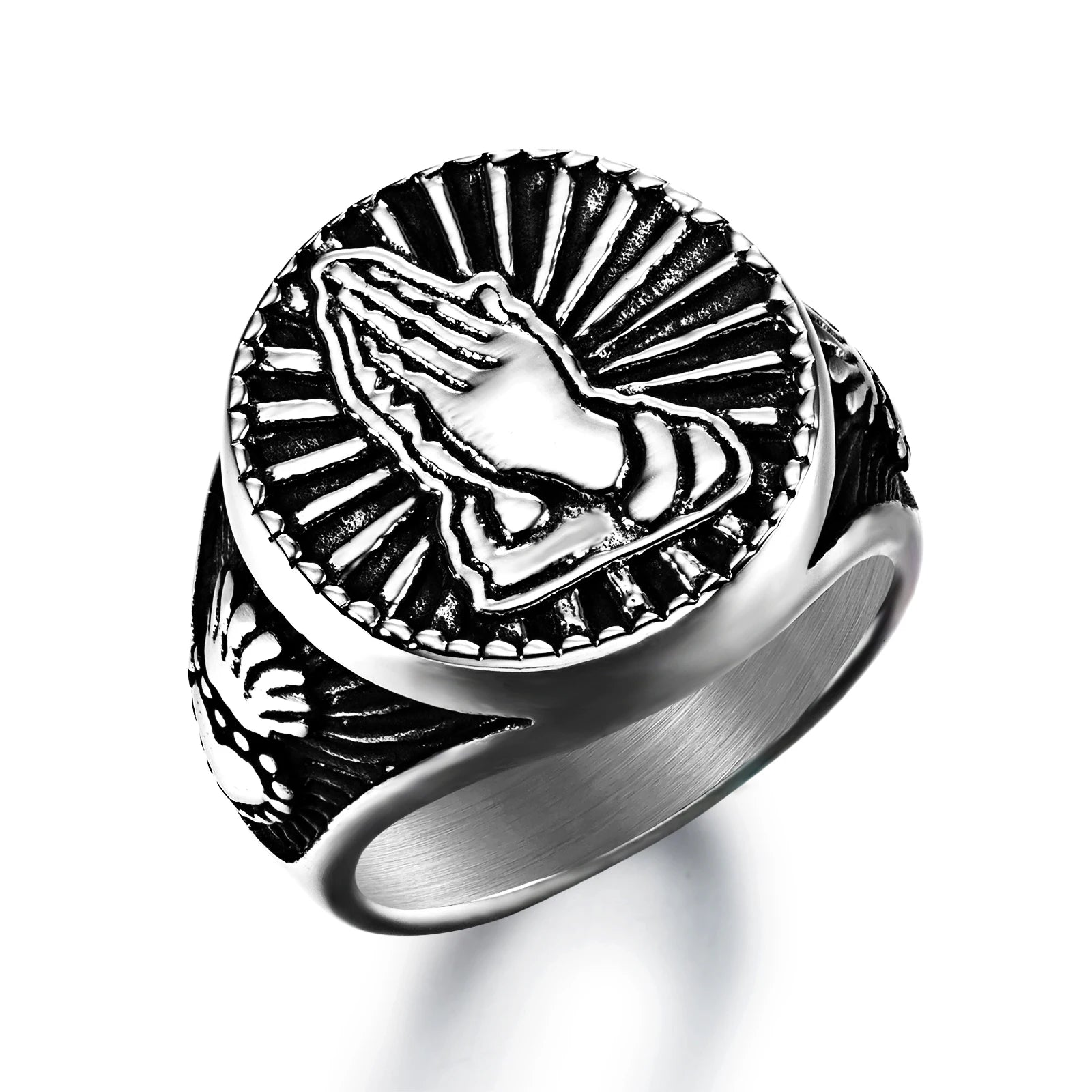 Wholesale Custom Jewelry Trendy Finger Rings Stainless Steel Praying Hands Custom Logo Engraved Ring for Men