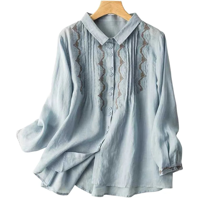 RNSHANGER Summer Elegant Blouse Fashion Women's Casual Ethnic Style Embroidered Shirt Vintage Slim Fit Long Sleeve Ladies Shirts