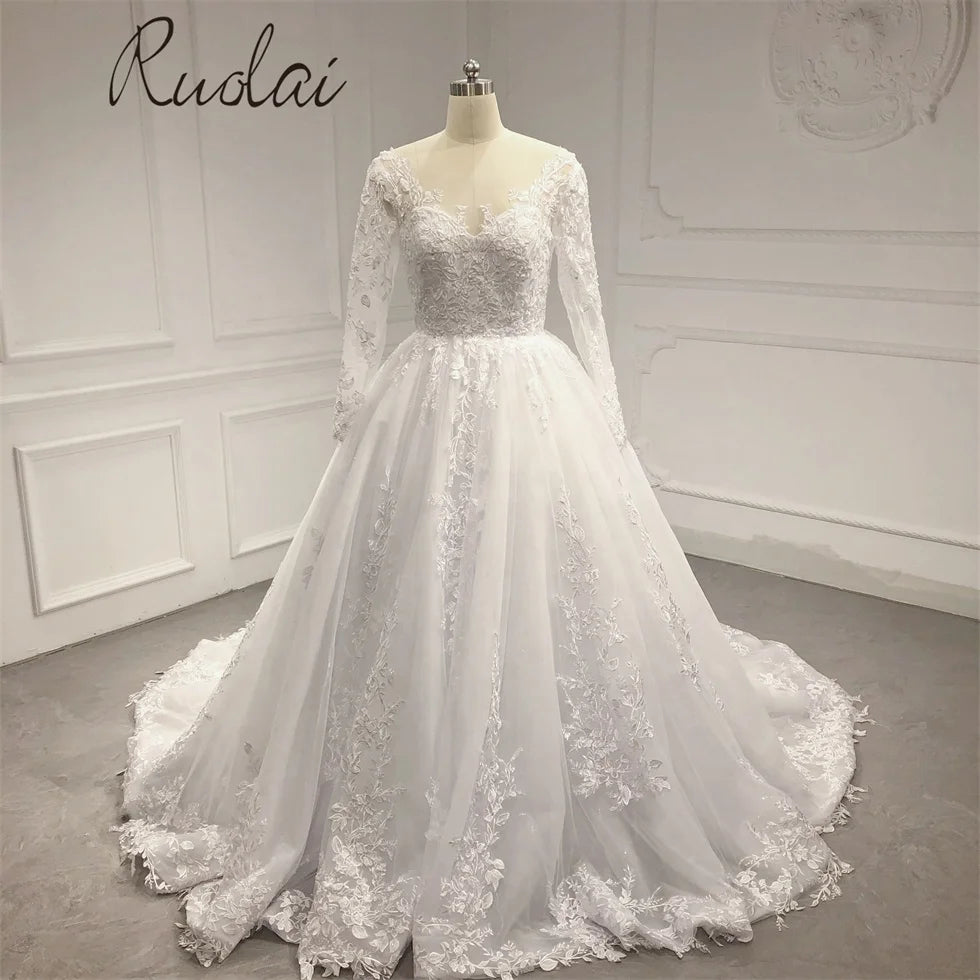 Ruolai QW01666 Elegant Scoop Long Sleeve Lace Wedding Dress Aline Ivory Bridal Gowns for Bride