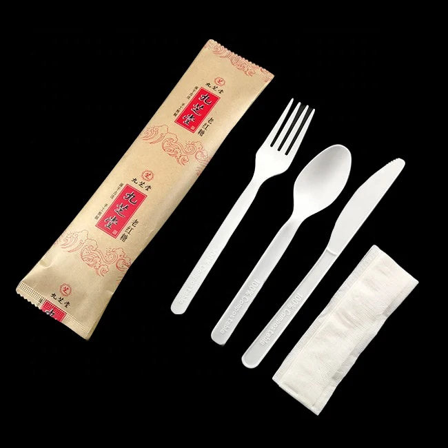 PLA Plant Base Cutlery Disposable Takeaway Cutlery Spoon Fork Knife Set with Napkin Biodegradable Utensil