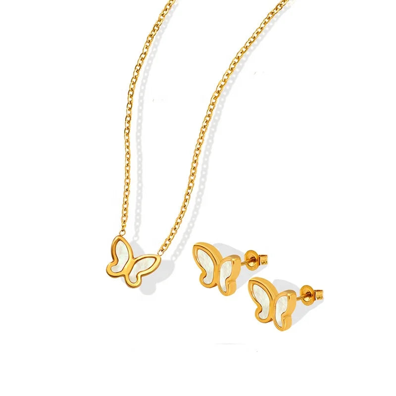 New Style Simple Gold Stainless Steel White Shell Butterfly Pendant  Women Sublimation Necklace Drop Earrings Jewel Set