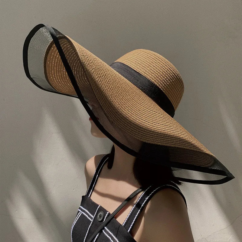 WoZhen Large Brim Temperament Organza Straw Hat Female Summer Thin Sun Protection Cap