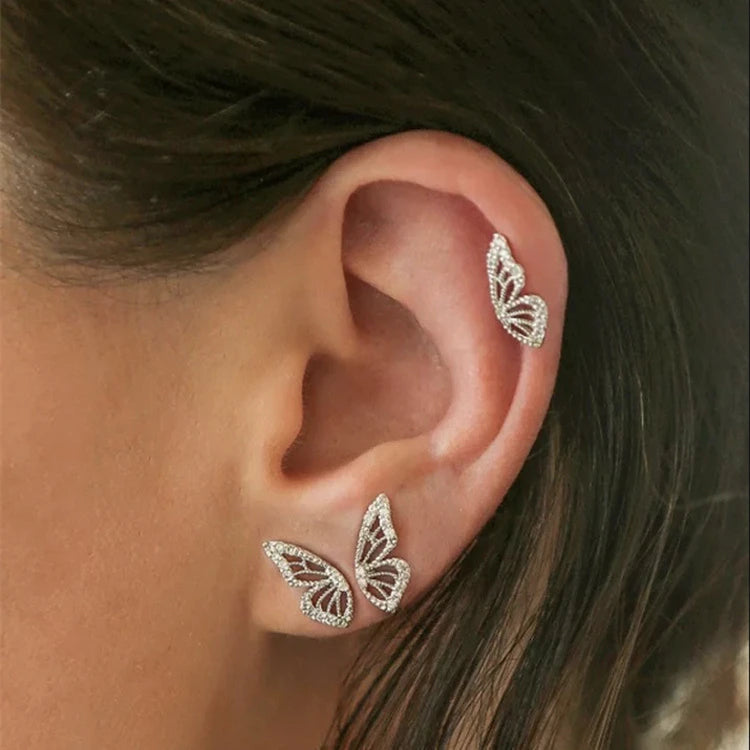 Sterling Silver Luxury Wedding Jewelry Butterfly Earrings Hollow Stud Earrings