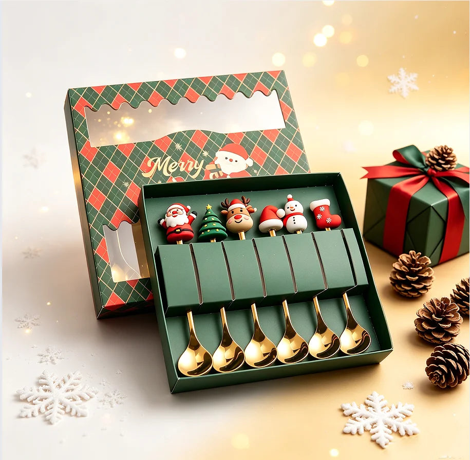 6PCS Christmas Spoon Set 410 Stainless Steel PVD Gold Plated Holiday Gift Set Wholesale 3D Cartoon Handle for Party Promotion
