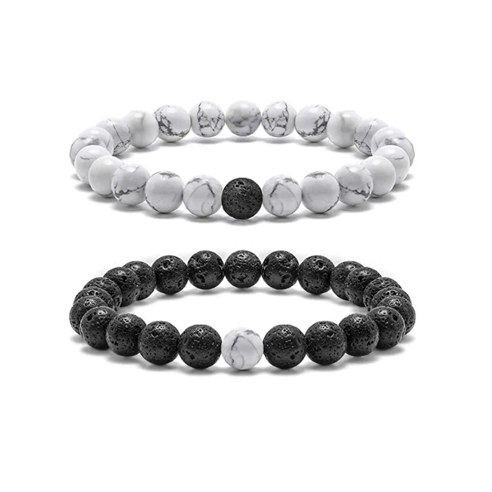 8mm Gem Semi-Precious White Howlite Black Lava Stone Diffuser Bracelet Beaded Stretch Couples Friendship Bracelet for Women Men