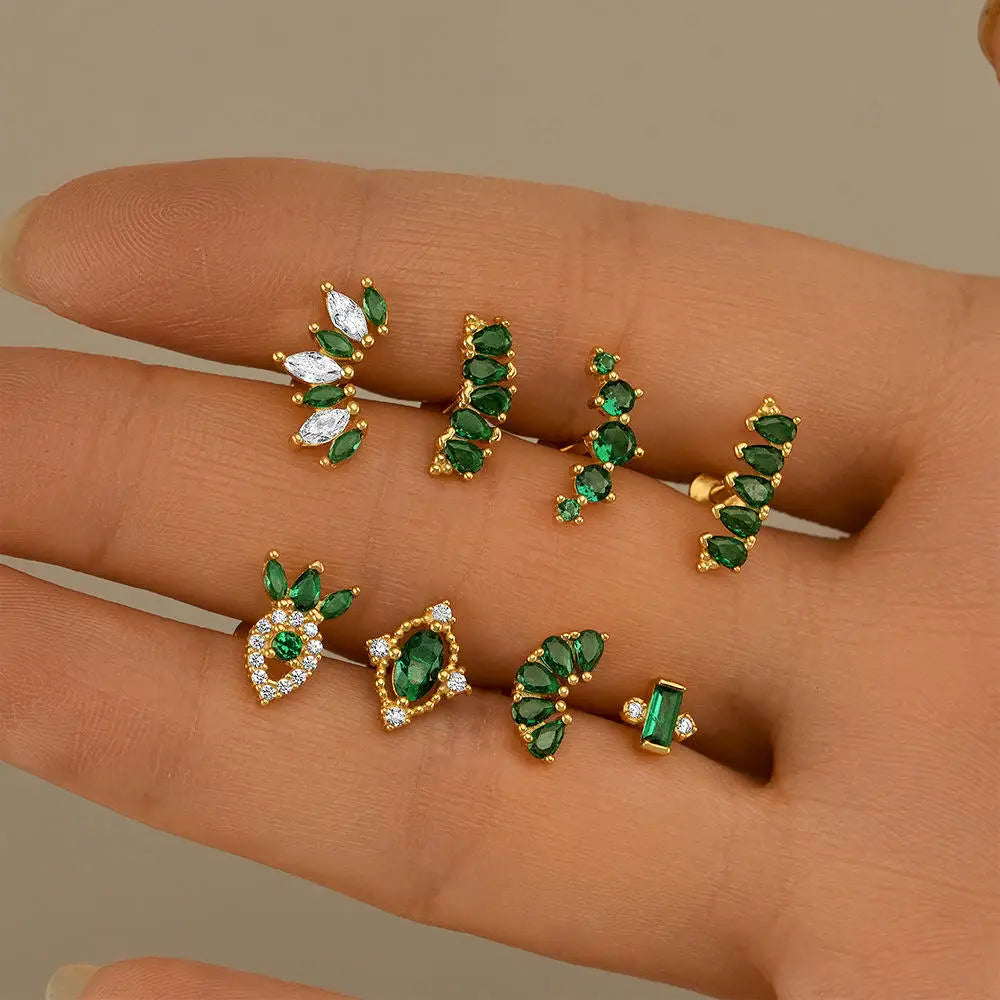 Fashion S925 Sterling Silver Green Zircon Stud Gold Plated Flat Back Geometric Earrings Minimalist Cz Piercing Jewelry Wholesale