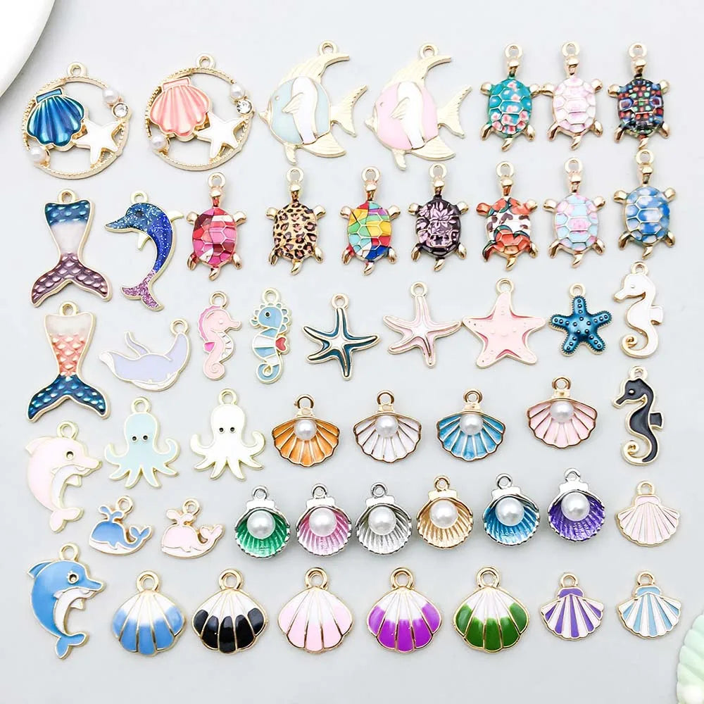 Oil Dropping Alloy Marine Animal Ocean Themed Charms Pendant Assorted Enamel Mermaid Starfish Seashell Beads for Jewelry Making