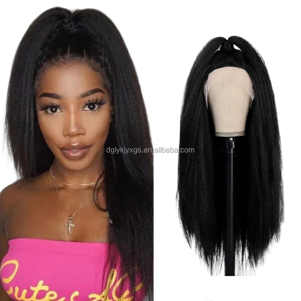 YAKI Fluffy Wigs Black Women Synthetic Wigs Front Lace Highlights Heat Resistant Synthetic Hair 26inch 13x1 T-lace Long Support